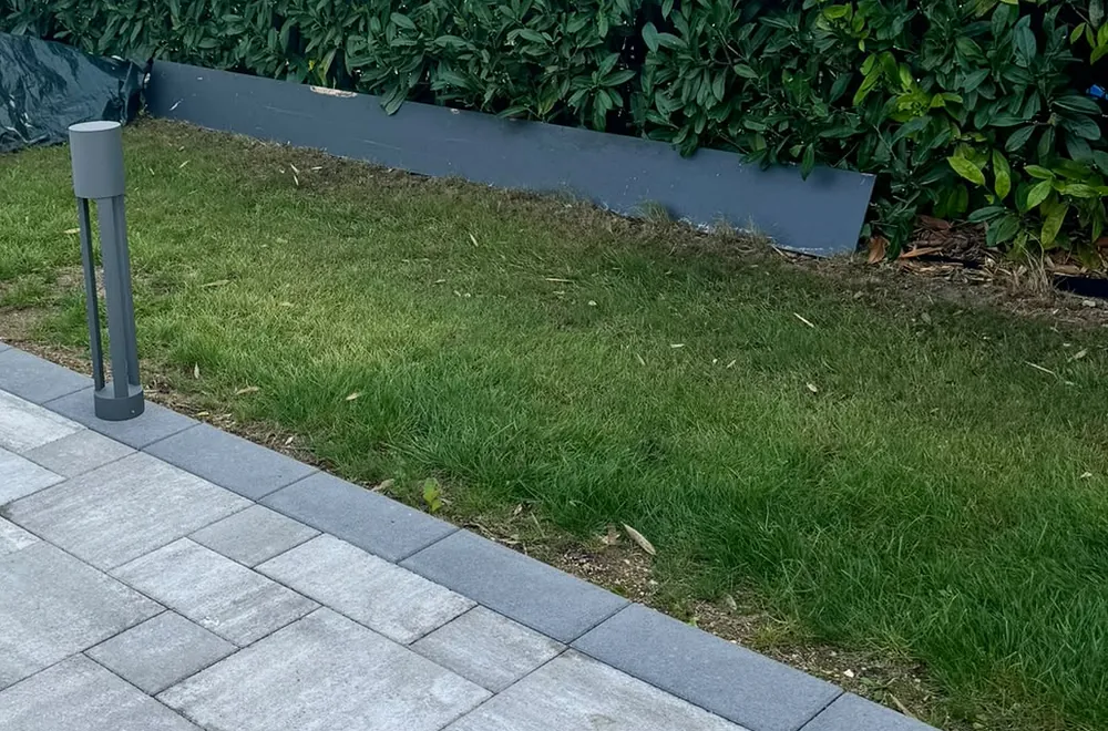 Pelouse tondue le long d'une bordure de terrasse et d'une haie de laurier, jardin entretenu par Delorme Élagage à Dury